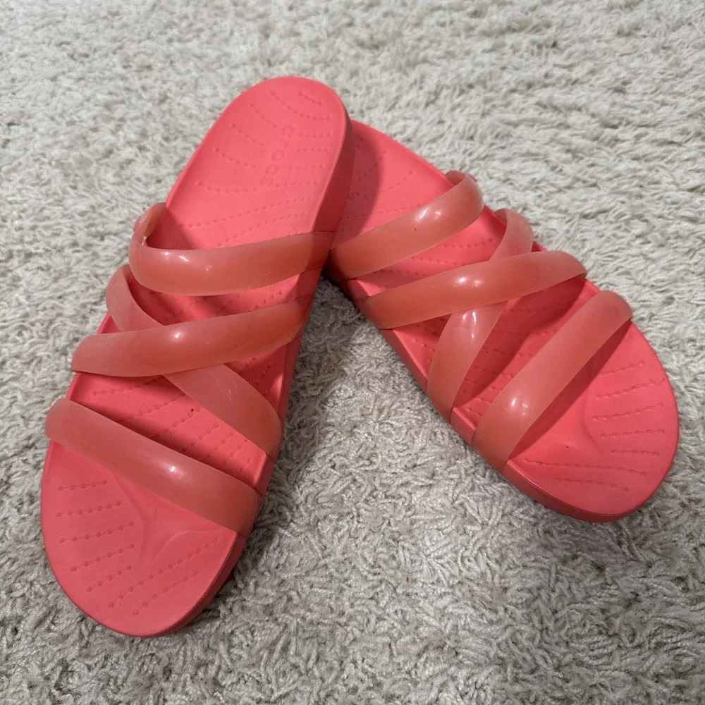 Crocs Women's Splash Glossy Strappy Neon Watermelon Slip On Sandals Slide Size 8